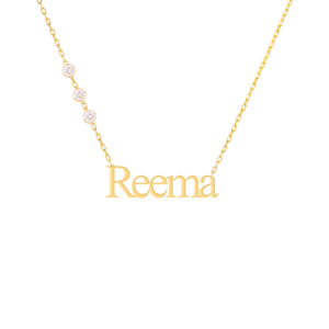 gold english name necklace with 3 side diamonds